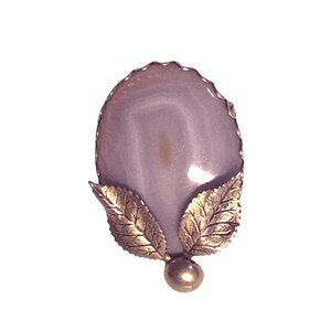 Vintage Purple Orca Agate Brooch Gold-Tone Leaf Natural Stone 2"